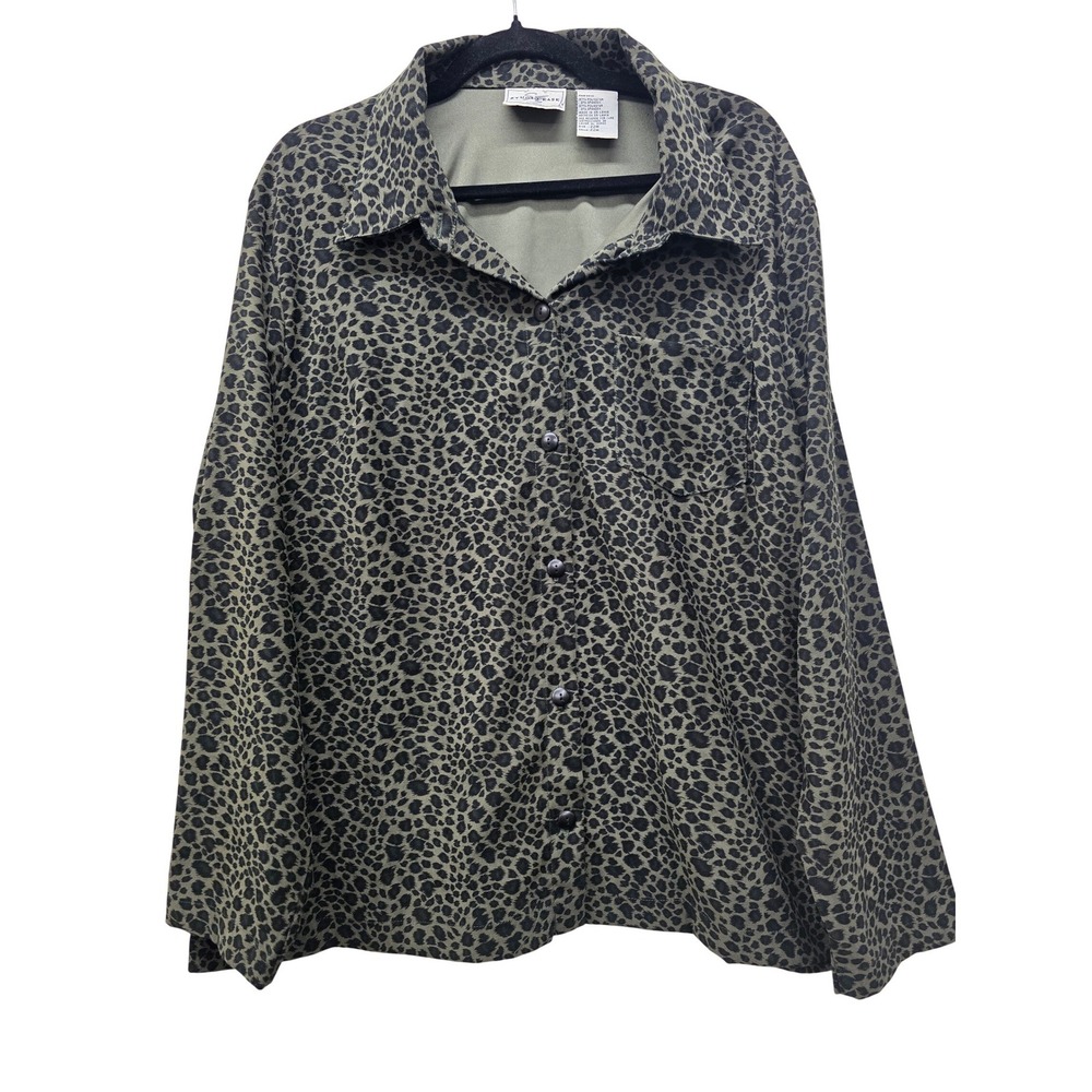 Studio Ease Women 22W Olive Green Leopard Print Button Down Shirt Mob Wife